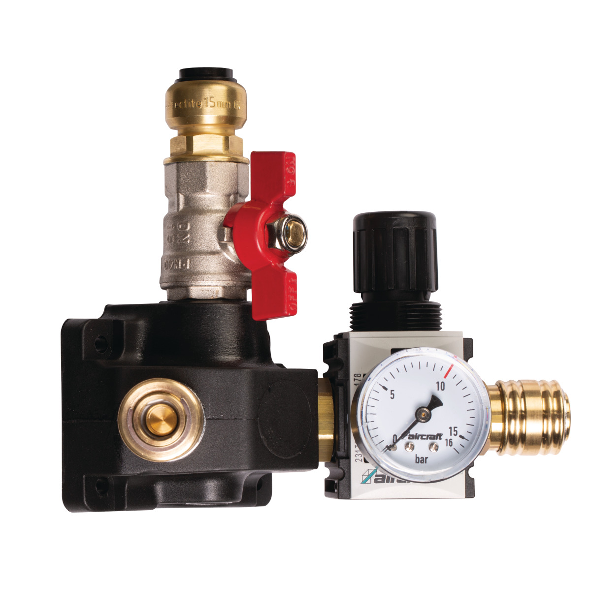 Aircraft Endverteilerdose mit zwei Einhandkupplungen, Absperrhahn und Druckregler 12 bar 22 mm -1 Aircraft Endverteilerdose mit zwei Einhandkupplungen, Absperrhahn und Druckregler 12 bar 22 mm -1