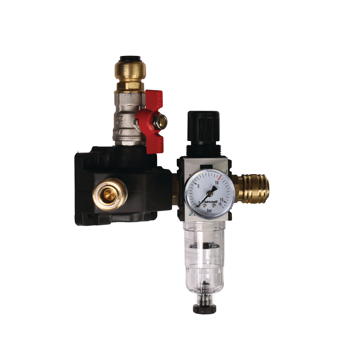 Aircraft Endverteilerdose mit zwei Einhandkupplungen, Absperrhahn und Filterdruckregler 12 bar 15 mm -1 Aircraft Endverteilerdose mit zwei Einhandkupplungen, Absperrhahn und Filterdruckregler 12 bar 15 mm -1