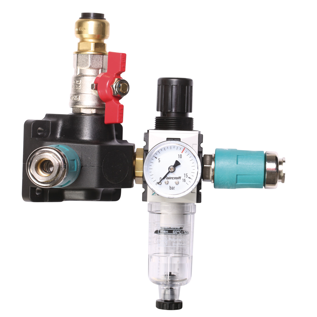 Aircraft Endverteilerdose mit zwei Sicherheitskupplungen, Absperrhahn und Filterdruckregler 12 bar 18 mm -1 Aircraft Endverteilerdose mit zwei Sicherheitskupplungen, Absperrhahn und Filterdruckregler 12 bar 18 mm -1