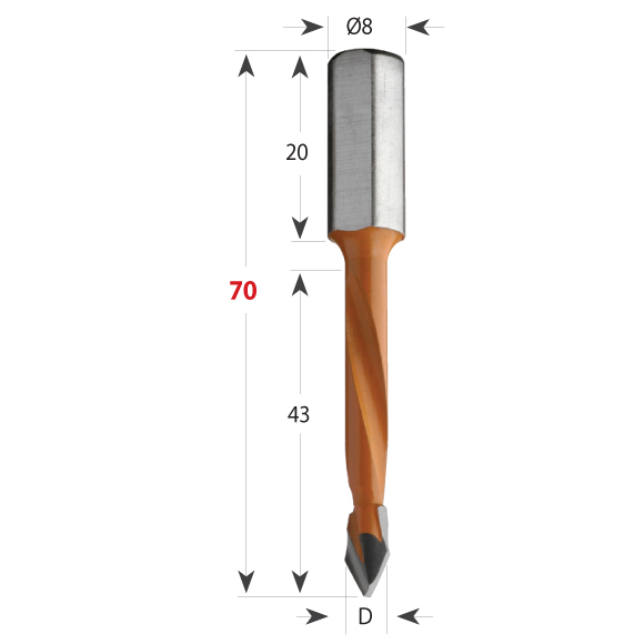 CMT 368 Dübelbohrer für Durchgangslöcher S8 L70 HW - D6x43 S=8x20 L70 RH-2 CMT 368 Dübelbohrer für Durchgangslöcher S8 L70 HW - D6x43 S=8x20 L70 RH -2