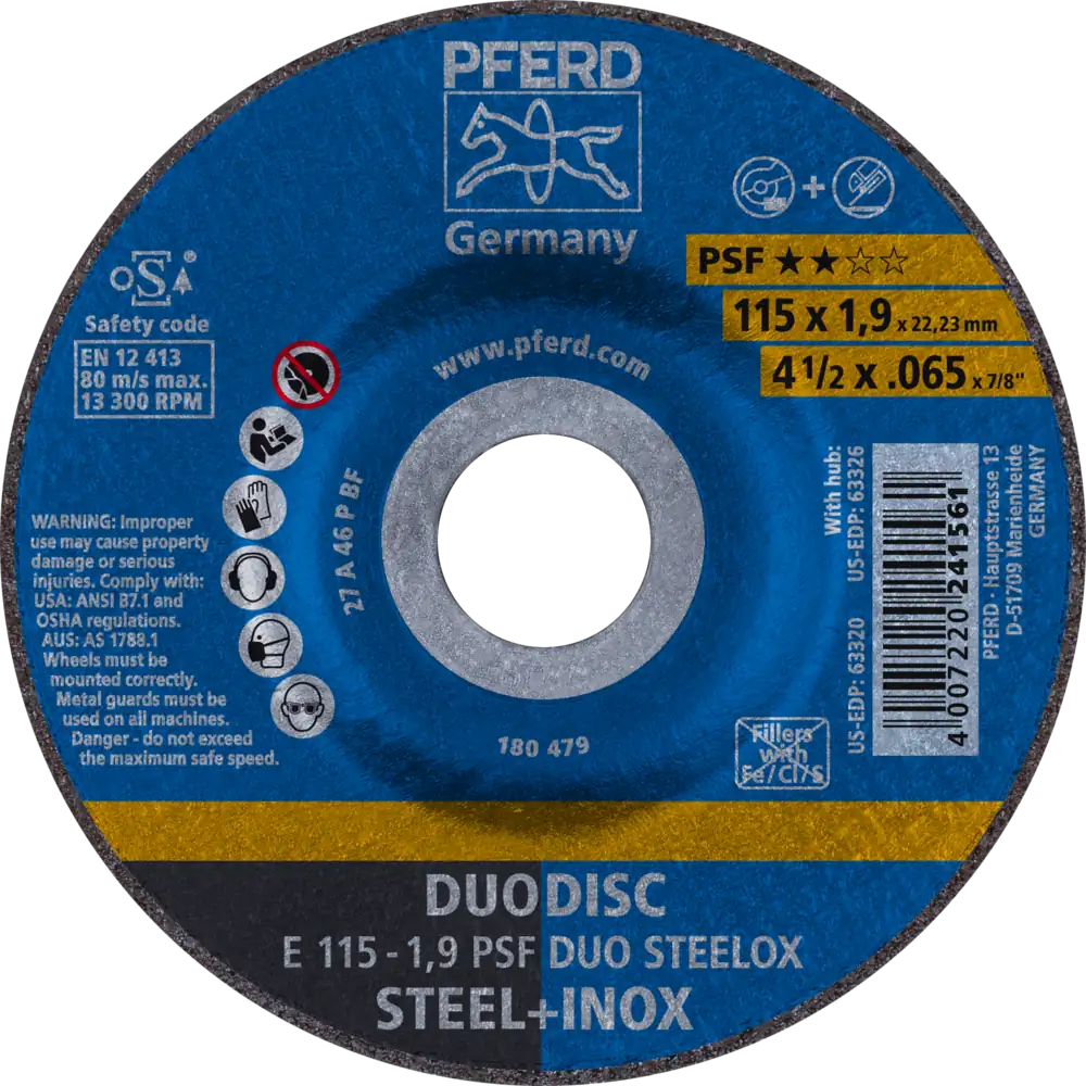 Pferd Tools PFERD TOOLS DUODISC Trenn-/Schleif. E 115x1,9x22,23 mm gekr. Uni.-Linie PSF DUO STEELOX f. Stahl/VA-1 Product picture Primär-Darstellung