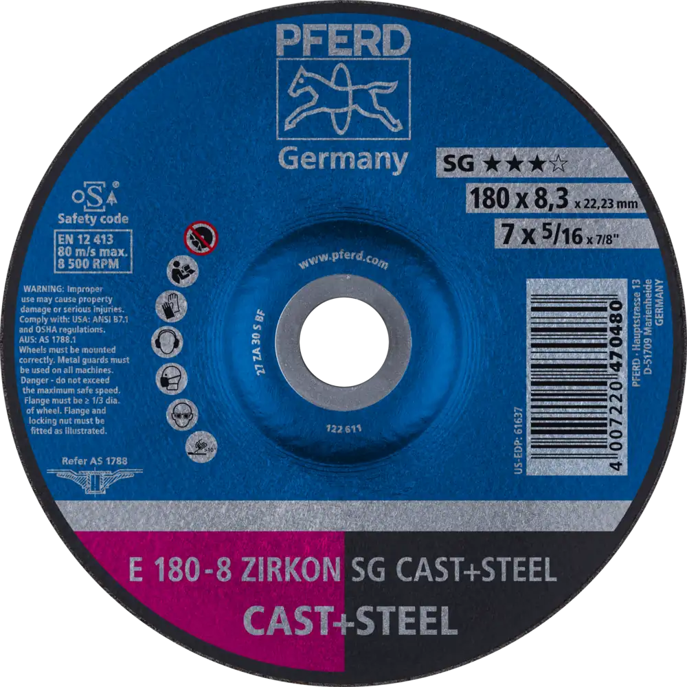 Pferd Tools PFERD TOOLS Schruppscheibe E 180x8,3x22,23 mm ZIRKON Leistungslinie SG CAST+STEEL für Guss/Stahl-1 Product picture Primär-Darstellung