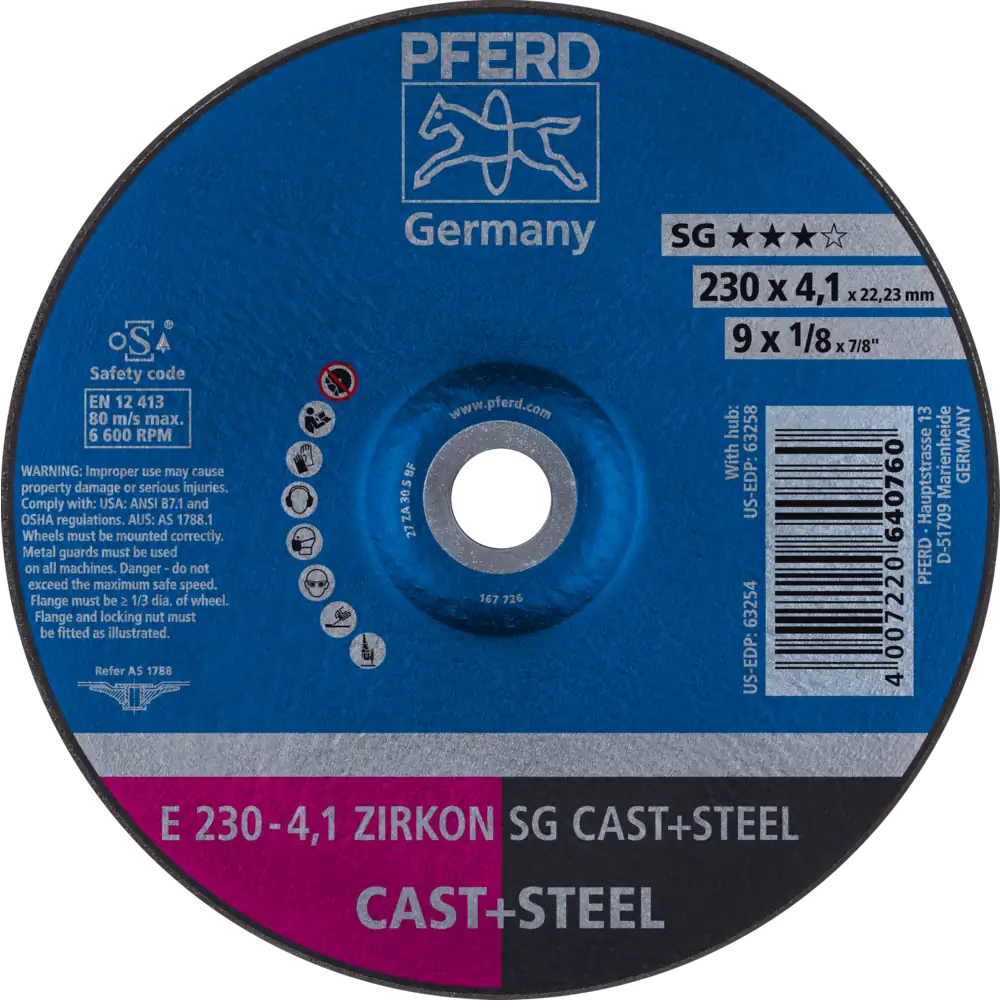 Pferd Tools PFERD TOOLS Schruppscheibe E 230x4,1x22,23 mm ZIRKON Leistungslinie SG CAST+STEEL für Guss/Stahl-1 Product picture Primär-Darstellung