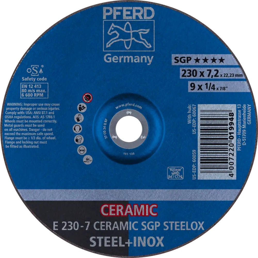 Pferd Tools PFERD TOOLS Schruppscheibe E 230x7,2x22,23 mm CERAMIC Leistungslinie SGP STEELOX für Stahl/Edelstahl-1 Product picture Primär-Darstellung