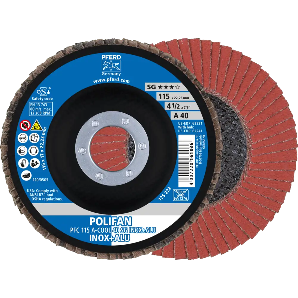 Pferd Tools PFERD TOOLS POLIFAN Fächerscheibe PFC 115x22,23 mm konisch A-COOL 40 SG INOX+ALU Edelstahl/Alu-1 Product picture Primär-Darstellung