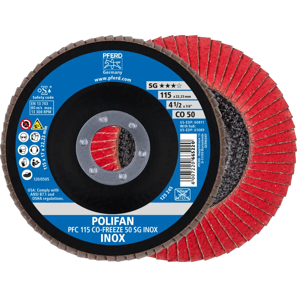 Pferd Tools PFERD TOOLS POLIFAN Fächerscheibe PFC 115x22,23 mm konisch CO-FREEZE 50 SG INOX Edelstahl-1 Product picture Primär-Darstellung
