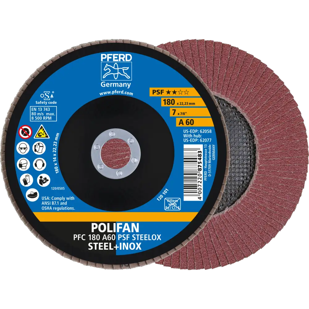Pferd Tools PFERD TOOLS POLIFAN Fächerscheibe PFC 180x22,23 mm konisch A60 Uni.-Linie PSF STEELOX Stahl/Edelstahl-1 Product picture Primär-Darstellung