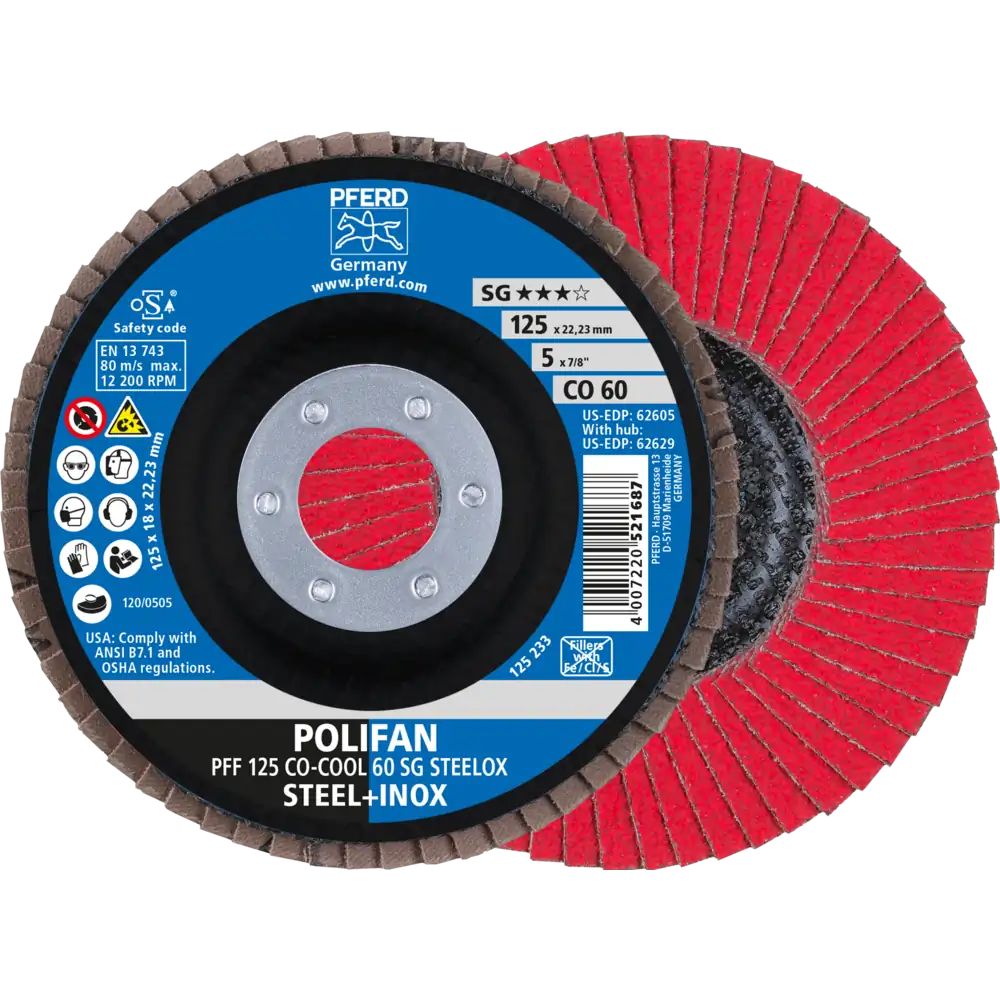 Pferd Tools POLIFAN Fächerscheibe PFF 125×22,23 mm flach CO-COOL 60 SG STEELOX Stahl/Edelstahl