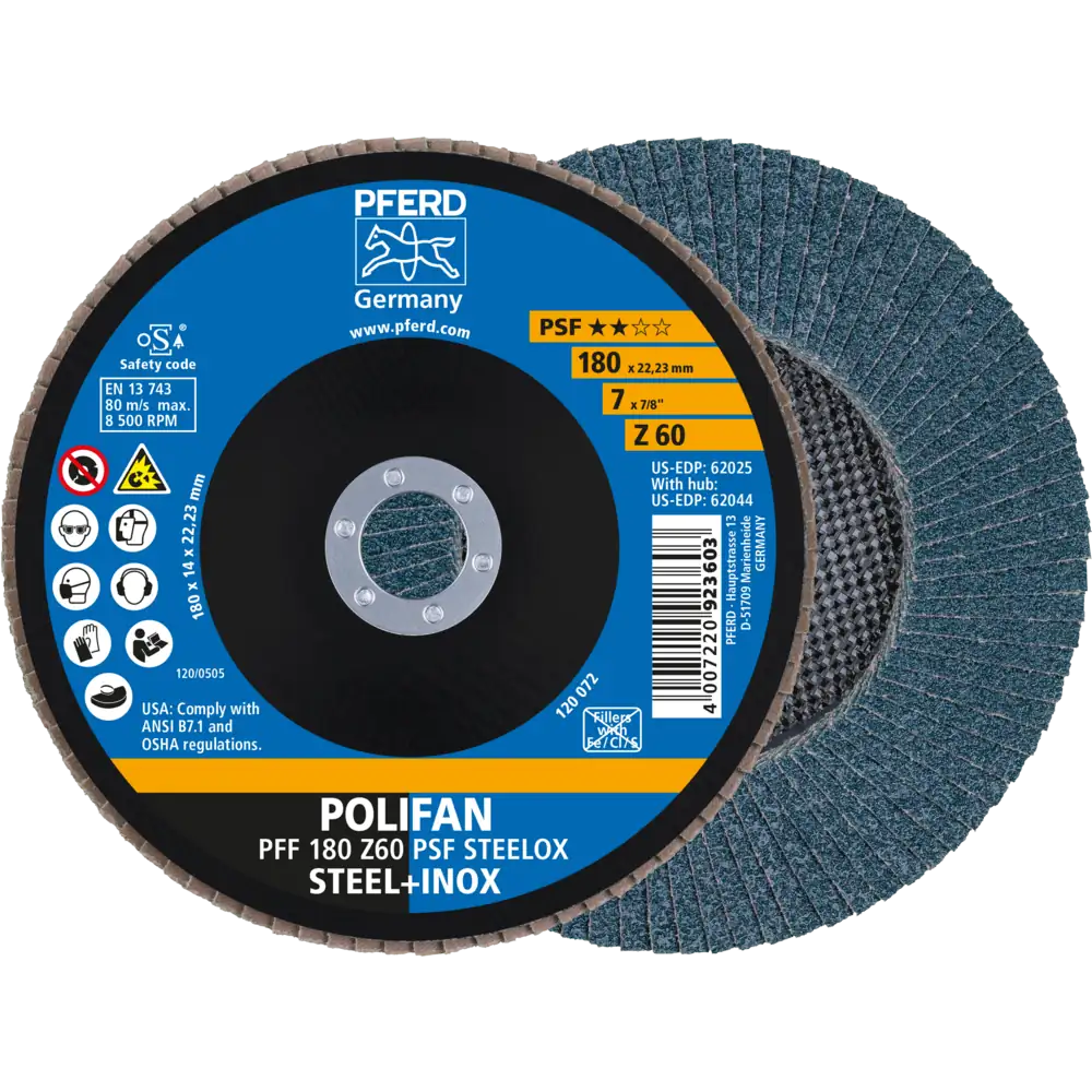 Pferd Tools PFERD TOOLS POLIFAN Fächerscheibe PFF 180x22,23 mm flach Z60 Universallinie PSF STEELOX Stahl/Edelstahl-1 Product picture Primär-Darstellung