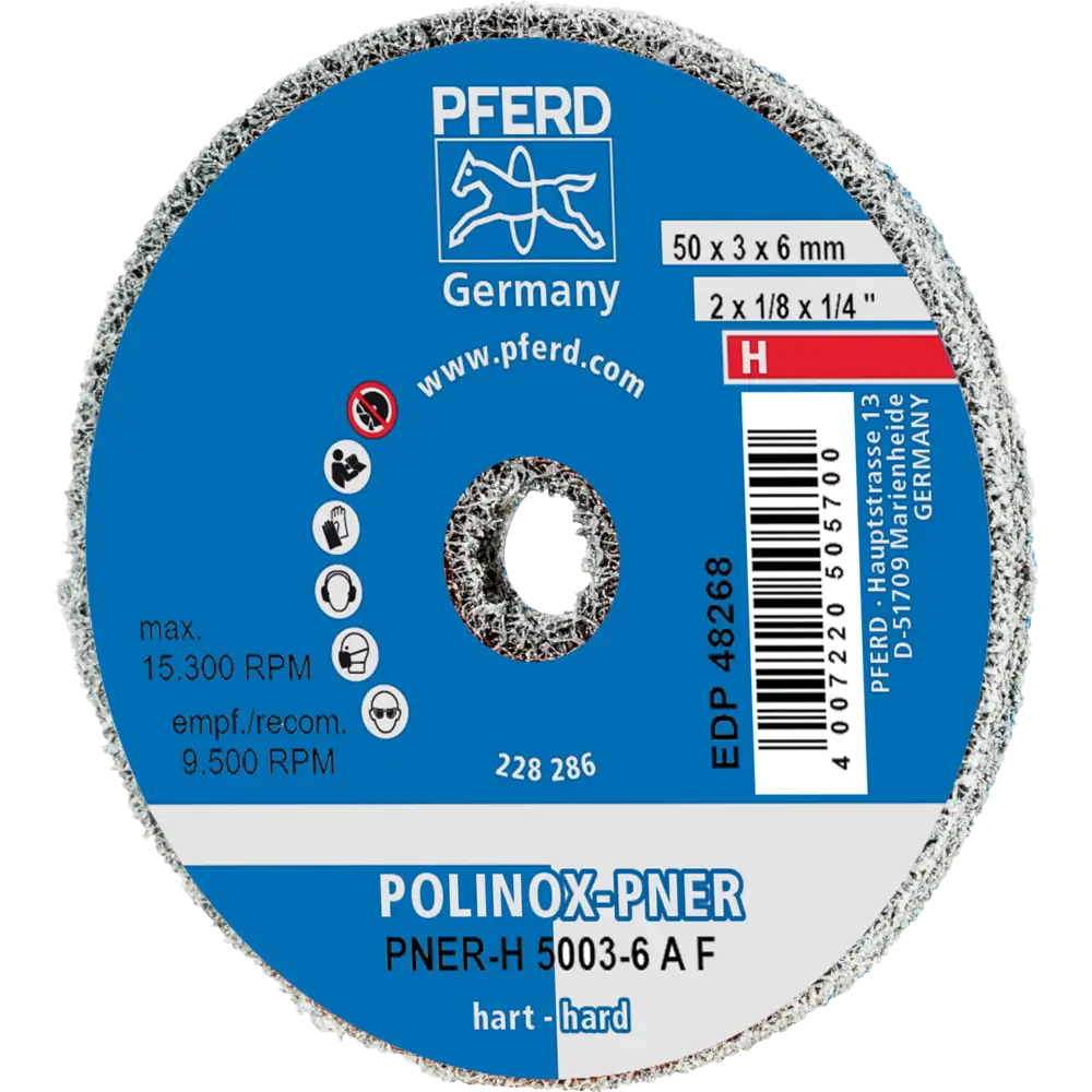 Pferd Tools PFERD TOOLS POLINOX verpresstes Vlies-Rad PNER Ø 50x3 mm Bohrung-Ø 6 mm Hart A Fein für Finish-1 Product picture Primär-Darstellung