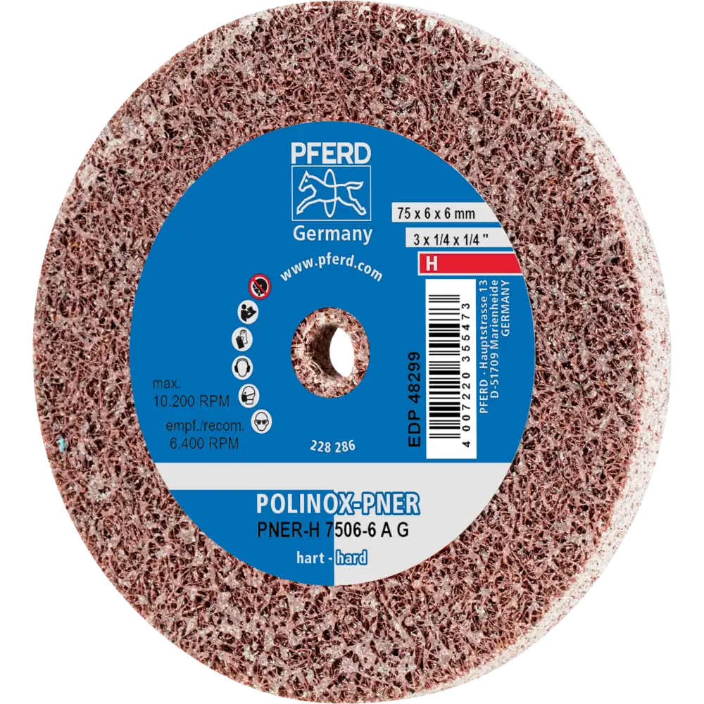 Pferd Tools PFERD TOOLS POLINOX verpresstes Vlies-Rad PNER Ø 75X6 mm Bohrung-Ø 6 mm Hart A Grob für Finish-1 Product picture Primär-Darstellung