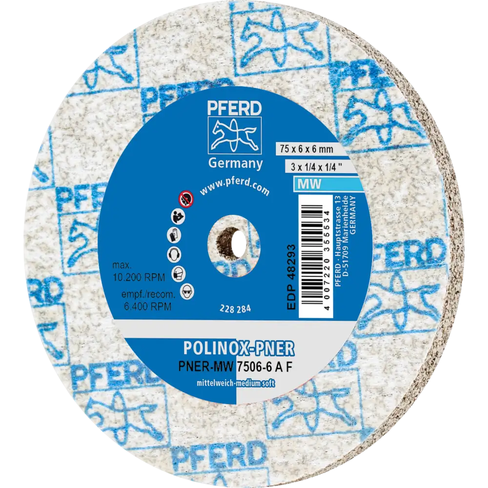 Pferd Tools PFERD TOOLS POLINOX verpresstes Vlies-Rad PNER Ø 75X6 mm Bohrung-Ø 6 mm Mittelweich A Fein für Finish-1 Product picture Primär-Darstellung