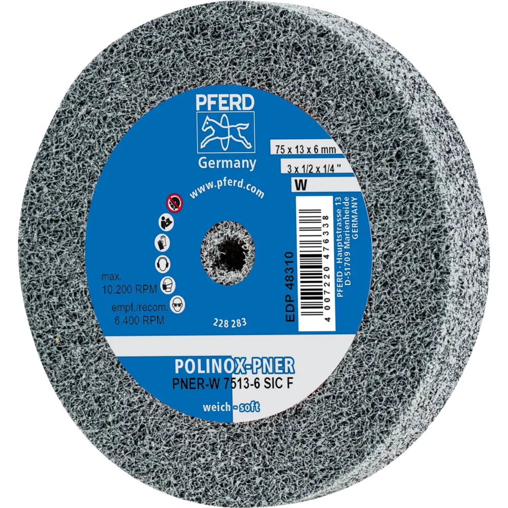 Pferd Tools PFERD TOOLS POLINOX verpresstes Vlies-Rad PNER Ø 75x13 mm Bohrung-Ø 6 mm Weich SIC Fein für Finish-1 Product picture Primär-Darstellung