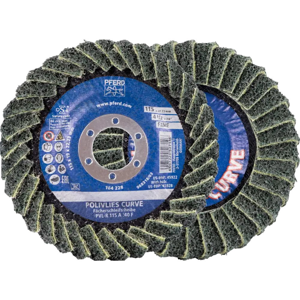 Pferd Tools PFERD TOOLS POLIVLIES-CURVE Lamellenscheibe PVL-R Korund Ø 115 mm Bohrung 22,23 mm A240M für Feinschliff für Kehlnahtbearbeitung-1 Product picture Primär-Darstellung