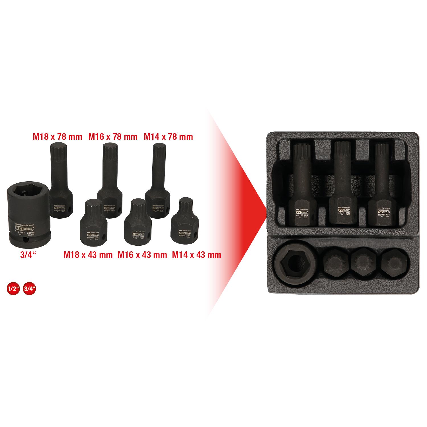 KS Tools 1/2" Spezial-Kraft-Bit-Stecknuss-Satz Vielzahn, 7-tlg M14-M18-1 Foto Gesamt Allgemein