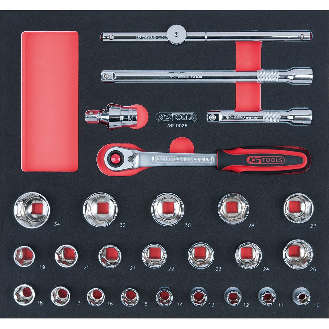 KS Tools SCS CHROMEplus 1/2" Steckschlüssel-Satz, 26-tlg in 2/3 Systemeinlage-1 Foto Produkt Allgemein Werkstatteinrichtung