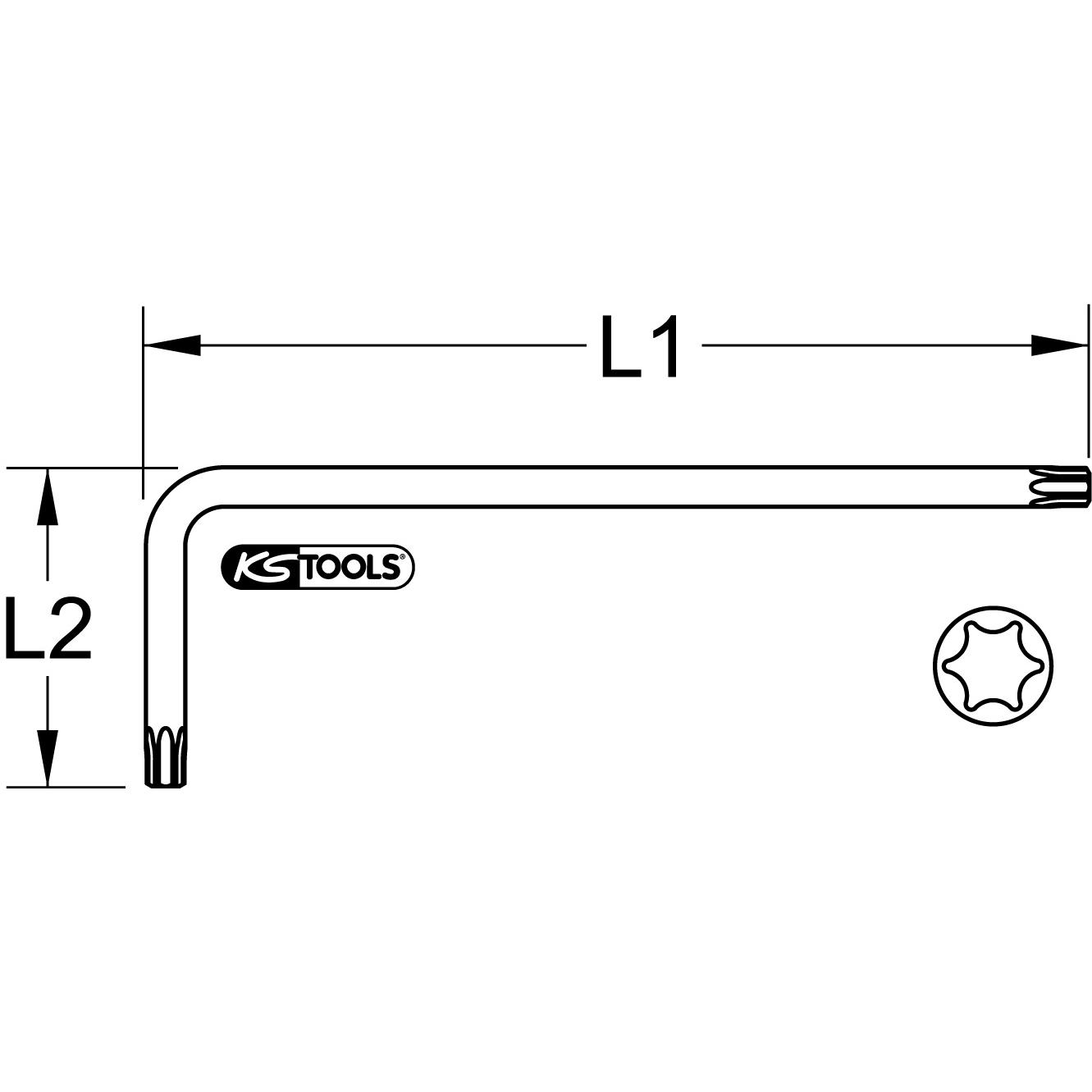 KS Tools Kugelkopf-Torx-Winkelstiftschlüssel, XL, T80, Gelb-1 Technische Zeichnung
