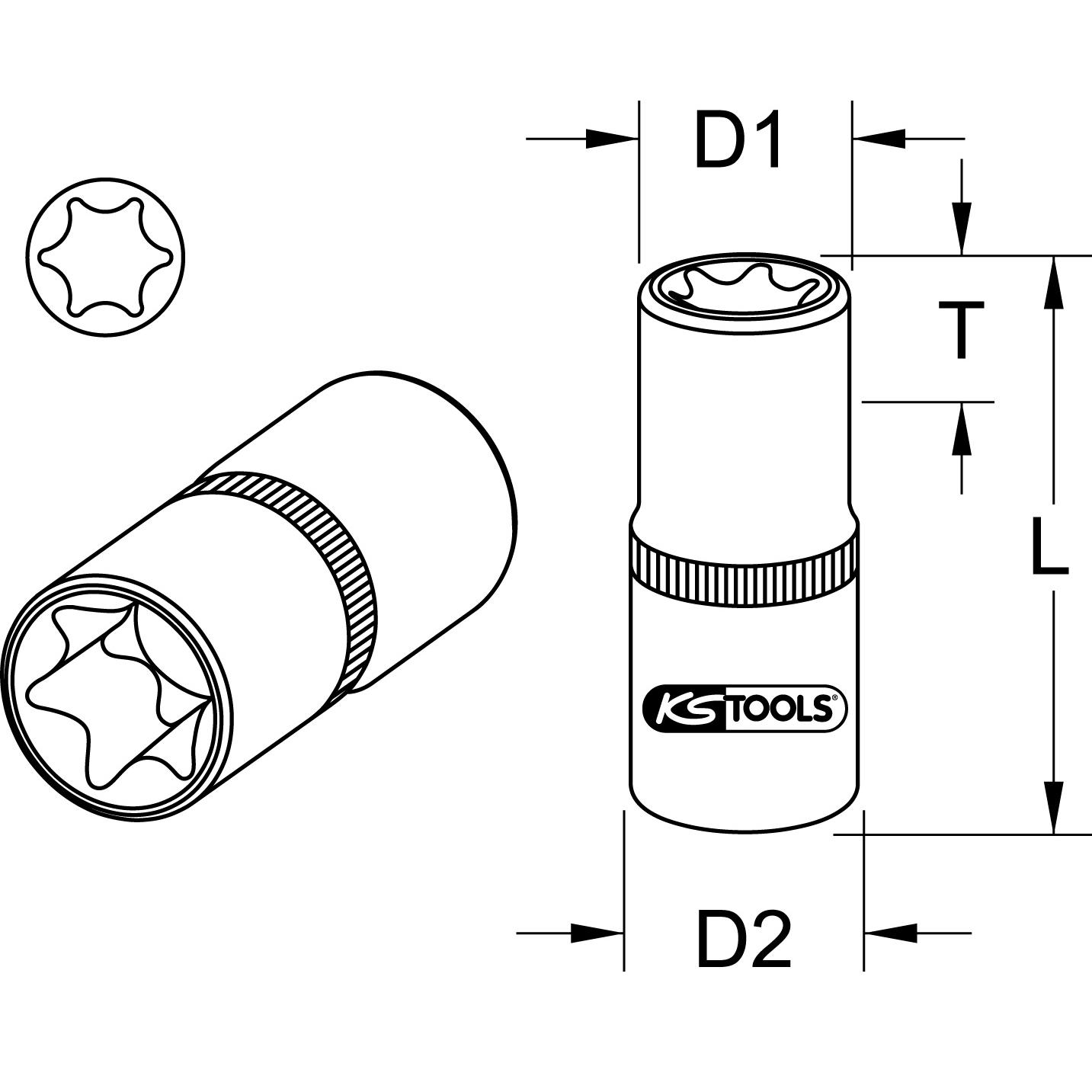 KS Tools 1/4" Torx-E-Stecknuss, lang, E7-2 Technische Zeichnung