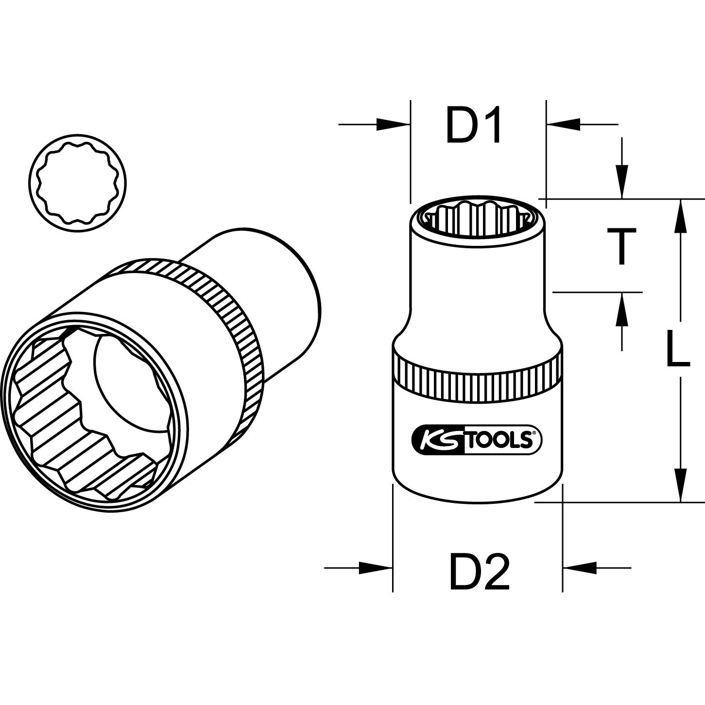 KS Tools 3/8" 12-kant-Stecknuss, 9/32"-2 Technische Zeichnung