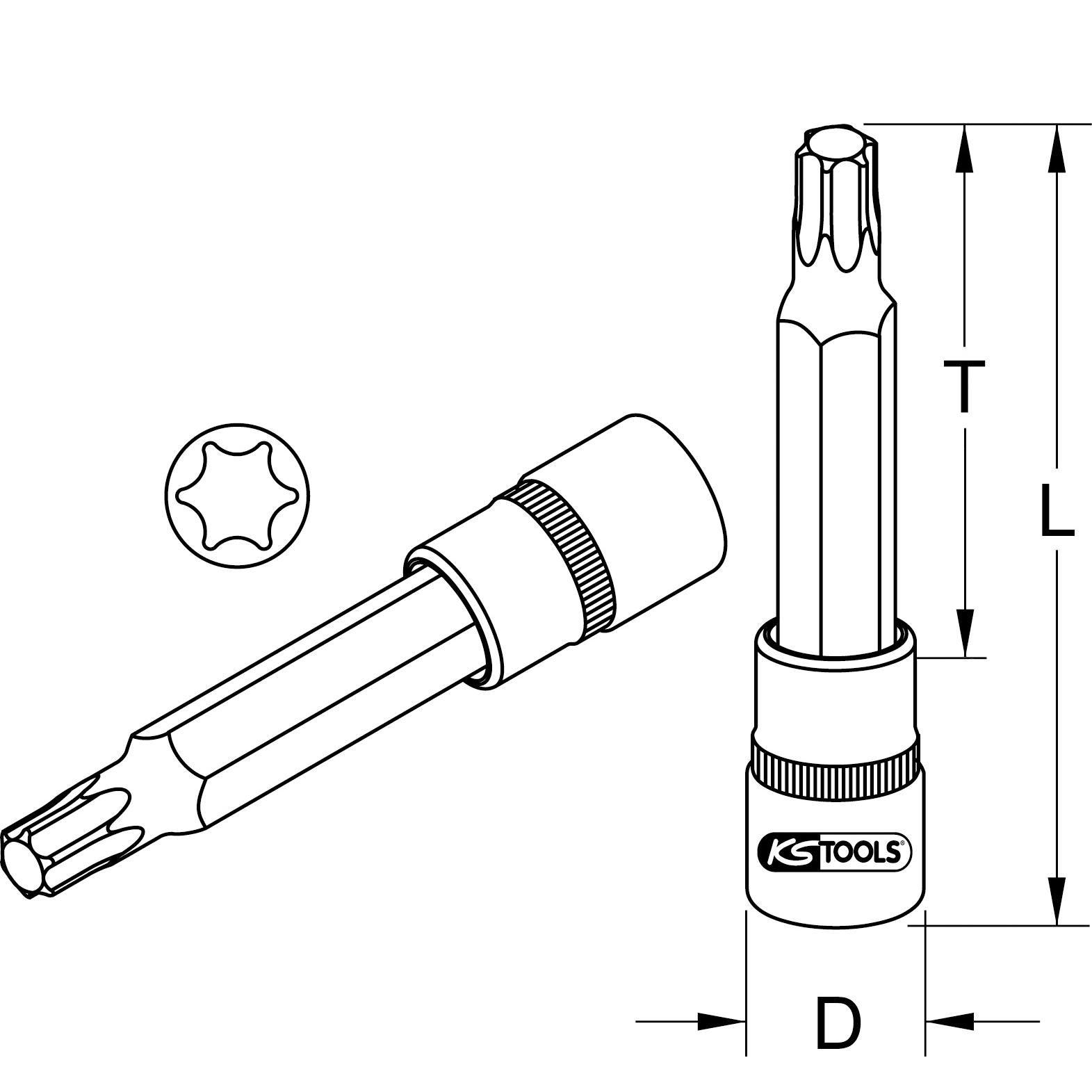 KS Tools 3/8" CHROMEplus Bit-Stecknuss Torx, lang, T40-2 Technische Zeichnung