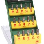 Bosch 16-teiliges Schraubendreher-Bit-Set in einem grünen Kunststoffkoffer.