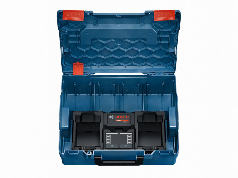 Bosch EXAL18V2-320 Akku-Ladegerät -1 Doppeltes 18-V-Akkuladegerät von Bosch im blauen Aufbewahrungskoffer.