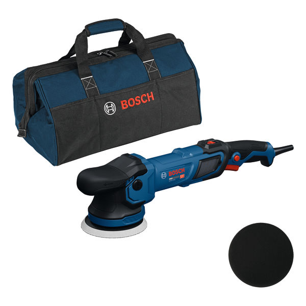 Bosch GPX9-125S Poliermaschine mit Tragetasche und Polierpad.