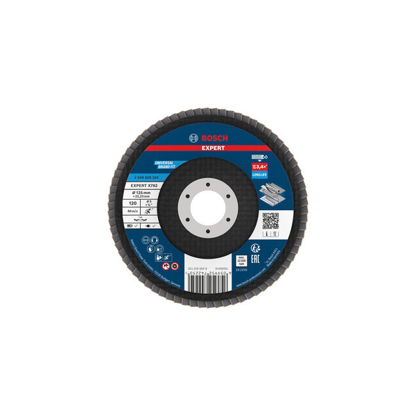 Bosch EXPERT X782 Fächerscheibe, 125 mm, G120 für lange Lebensdauer.